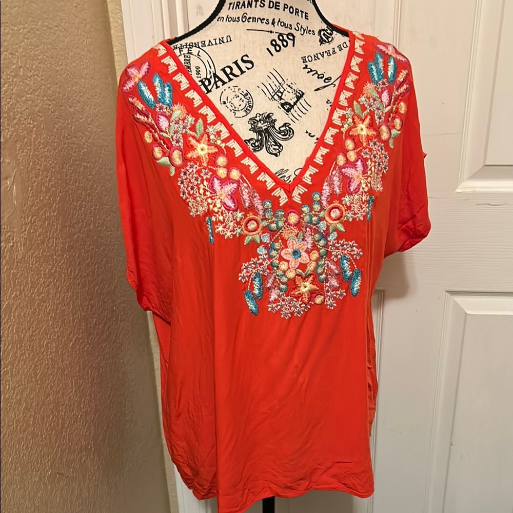 Solitaire Embroidered V-Neck Red Women's Top